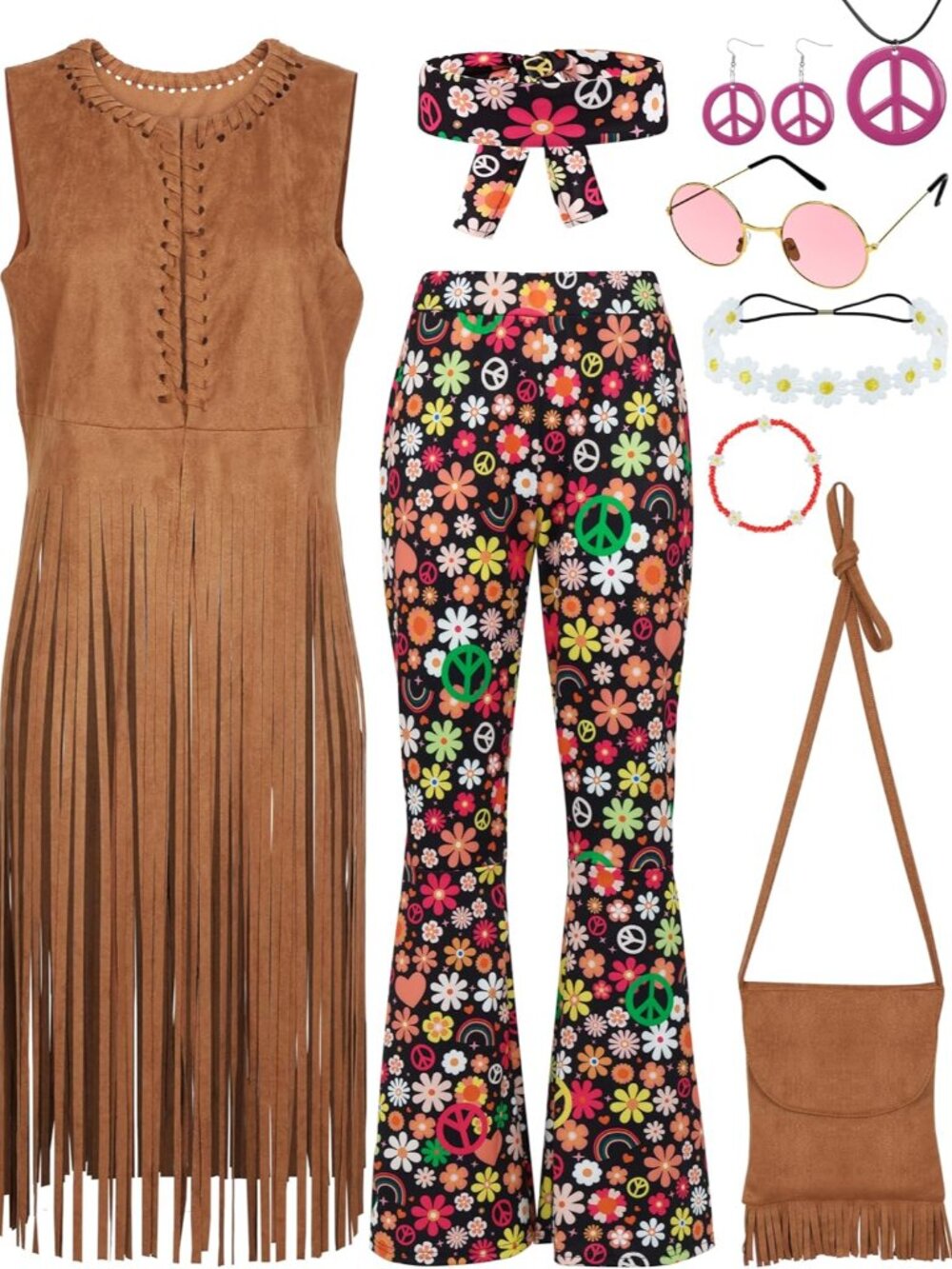 9 Pieces 70s Hippie Costume Set for Women, Fringe Vest Bag Flared Pants Headband